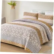 Boho Quilt Set Queen Bohemian Striped Patchwork Bedspread Queen(96"×90") Brown