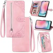 Cover Compatible with Google Pixel 6A,Compatible with Google Pixel 6A 【PU Leather + Shell】【Dual Card Holder】【Flip Stand】 Lanyard Case Pink