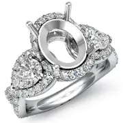 3 Stone Diamond Wedding Pear Oval Mount Halo Pave Ring 14k White Gold 1.4 Ctw