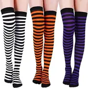 [SATINIOR] 3 Pairs Christmas Long Striped Over Knee Red and White Green Striped Socks Christmas Thigh High