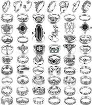 [17IF] 26-35 Pcs Vintage Silver Knuckle Rings Set for Women Men, Grunge Gothic Rings Chunky Aesthetic Snake Stackable Adjustable Punk Bulky Finger Alt Fairy Skull Frog Heart Star Flower Midi Ring Pack