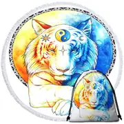 Inner Balance Oriental Sun Moon Tiger Round Beach Towel