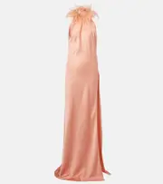 [The New Arrivals Ilkyaz Ozel] The New Arrivals Ilkyaz Ozel Jazzy feather-trimmed satin gown AU 14 pink