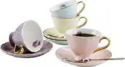 YBK Tech Euro Style Coffee Bar Espresso Cup and Saucer, Set of 4 Porcelain Tea Coffee Cup for Home Kitchen Tea Party (4 Assorted Color/Set) (90ml)