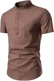 [TONGUC] Spring and Summer New Men's Fashion Slim Fit Solid Short Sleeve Shirt Business Standing Collar Cotton Hemp Half Open Men's Shirt