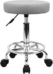 [KKTONER] PU Leather Round Rolling Stool with Foot Rest Swivel Height Adjustment Spa Drafting Salon Tattoo Work Office Massage Stools Task Chair (Grey)