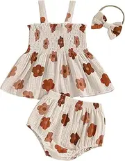[Kayotuas] Infant Baby Girl Summer Clothes Floral Halter Sleeveless Tank Top Ruffle Shorts Cute Bow Headband 3 Piece Outfit Set (Retro Flower Beige, 18-24 Months), Retro Flower Beige, 18-24 Months