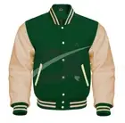 Varsity Letterman Bomber Retro F-Green Wool & Cream Real Leather Sleeves Jacket