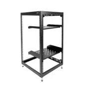 20U 17" Black Steel Open Frame Server Rack with Adjustable Feet and Two Shelves