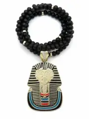 HIP HOP EGYPTIAN PHARAOH KING TUT PENDANT & 8mm 36" BLACK WOODEN BLING NECKLACE