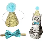 Novelty Pet Birthday Party Cone Hat and Bow Tie Collar Set, Adjustable and Pom-poms Topper for Kitten Puppy Small Dogs Cats (Light Blue)