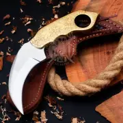 Karambit Knife Hunting Fixed Blade Engrave Handle Knives D2 Steel 9" With Sheath