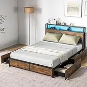 Giantex Queen Bed Frame with App Control RGB LED Lights, Metal Platform Bed with Storage Headboard, Charging Station & 4 Roll-Out Drawers, Noise-Free Mattress Foundation, No Box Spring Needed