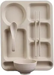 4Pcs Divided Plate Sets, Unbreakable Dinner Plates Sets with Bowl,Spoon,Chopsticks,Plastic Plates Reusable Wheat Straw Plates for Kids Adults,Microwave and Dishwasher Safe