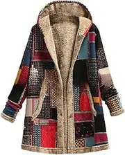 [Valtorixia] Overcoat Womens Warm Fleece Boho Patchwork Sherpa Coats Hooded Sweater Warm Plush Jacket with Pocket