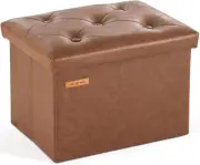 Small Folding Storage Ottoman, Tufted Square Cube Footrest, Faux Leather Brown