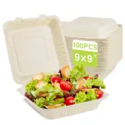 Clamshell Take Out Food Container 100 Pack, 9X9 Compostable Food Container, D...