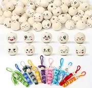 ROYUEXT 100 Pcs Wooden Beads Smile Face 20mm Round Natural Wooden Beads,10 Styles Face Wood Beads Round Ball with 5mm Hole,Smiley Face Beads Macrame Beads Emoji Beads for Crafting DIY Handmade