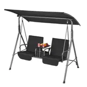 2-Seat Patio Swing Chair, Outdoor Patio Swing with Adjustable Canopy, Porch Swing with Storage Bag and Rotating Tray, Oxford Fabric and Alloy Steel Frame, for Balcony, Backyard, Poolside,