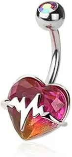 [Pierced Owl] 14GA 316L Stainless Steel CZ Crystal Pink Ombre Heart with Heartbeat Belly Button Ring, Metal, cubic zirconia
