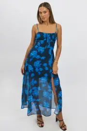 Blue Abstract Midi Dress Gathered Bust - Size 16XL, Women's Midi Dress