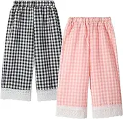 [Miipat] Toddler Girls Gingham Pants 2 Pack Elastic Waist Checkered Pants Wide Leg Lace Bottoms