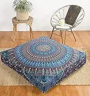 Square Hippie Mandala Floor Pillow Ottoman Pouf Cover - Indian Elephant Camel Daybed Oversized Cotton Cushion Cover Heavy Duty Zipper Seating Ottoman Dog - Pets Bed Cover 35" Blue Tarquoise