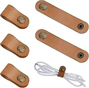 5pcs Leather Cable Straps Leather Cord Organizer Travel Brown PU Phone Cord Ties Reusable Cable Organizer Cord Keeper Leather Cable Ties Snap Closure for Charging Cord Power Cord Headphone Organizer