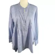 NWT LOFT Light Blue Pintucked Split Neck Long Sleeve Tunic Top Size L
