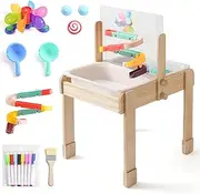 Ikubigu Sand and Water Table for Toddlers, 4 in 1 Kids Wooden Sensory Activity Table with 2 Storage Bins, Painting Acrylic Board, Slide Track Toy & Windmill Suction Cups Toy, Beach Accessories