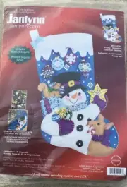 SEALED Snowman Felt Sequin Applique Christmas Stocking Kit Frostys Janlynn 18"