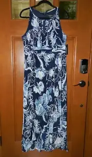 NWT R&M RICHARDS Keyhole Halter Navy Blue Floral DRESS* 10P