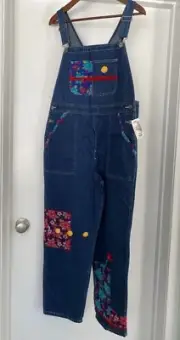 Vintage LL Bean Girls XL Denim Patchwork Floral Long Overalls Cotton