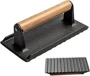 Cast Iron Grill Weight - Heavy Duty BBQ Cooking Tool, Steak Press with Wooden Handle | Comfortable Burgers Weight, Grilling Accessories for Bacon, Weighted Cooking Tool for Perfect Grill Marks