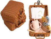 4 in 1 Newborn Gift Bundle with Stacking Game, Feeding Set, Milestone Cards