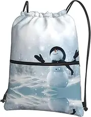 EdWal Christmas Happy Snowman Print Drawstring Backpack Gym Bags Sports Bags With Zipper Pocket For Travel Beach, Black, One Size
