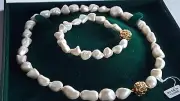 Freshwater Baroque Chinese Pearl Necklace & Bracelet Set Rose Magnetic Closure