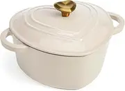 Paris Hilton Enameled Cast Iron Dutch Oven Heart-Shaped Pot with Lid, Dual Handles, Works on All Stovetops, Oven Safe to 500°F, 4-Quart, Cream