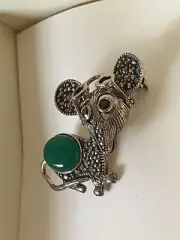 Natural Jade Marcasite Sterling Silver Whimsical Mouse Brooch Pin
