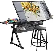 Lambgier Glass Craft Table Drawing Desk – Drafting Tables Hobby Table Writing Studio Art Artist Desk with Adjustable Tilted Tabletop (Black)