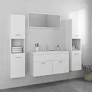 Stylish Bathroom Furniture Set in White Engineered Wood with Sink Cabinet, Mirror & High Cabinets - Contemporary Storage Solution for Sleek Decor