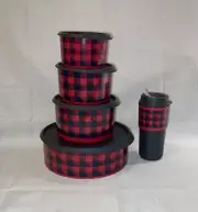 ✅ Brand New Tupperware Holiday Buffalo/Plaid 5 Pc Set Canister & Eco To-Go Cup*