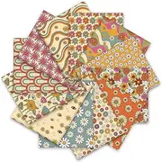 Whaline 12Pcs Spring Retro Floral Cotton Fabric Bundles Rose Pink Boho Flower Rainbow Fat Quarters Groovy Hippie Quilting Patchwork for DIY Handmade Crafting, 18 x 22 Inch