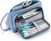 EASTHILL Medium Capacity Colored Linen Storage Pouch Marker Pen Pencil Case Stationery Bag Holder for Middle High School Office College Student Boy Adult Teen Simple Light Blue
