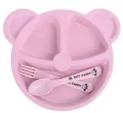 Baby Childs Plate Pink Bear Head w Fork Spoon Anti-heat Wheat Straw Safe for Kid