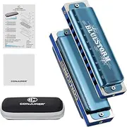 CONJURER Blues Harmonica for Adult 10 Hole Diatonic Harmonica in C Key for Beginners Professionals Phosphor Bronze Reeds Brass Deluxe Mouth Organ Blues Harp with Case, Key of C Blue