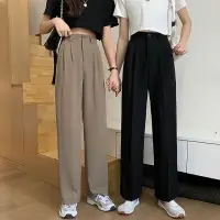 在飛比找momo購物網優惠-【D.studio】韓版黑色小個子高腰直筒垂感休閒西裝褲(寬