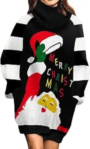 [Jumppmile] Womens Ugly Christmas Xmas Oversize Turtleneck Pullover Sweater Dress with Pockets