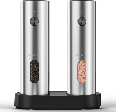 Electric Salt and Pepper Grinder Set with Rechargeable Base - Upgraded Large Cap