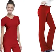 [HeartSoul] Women's Pitter-Pat Shaped V-Neck Scrub Top 20710 & Heartbreaker Heart Soul Drawstring Scrub Pants 20110 Medical Scrub Set (Red - Medium/Large Petite)